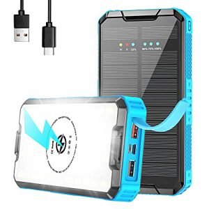 PD 20W Solar Powerbank 30000mAh Schnelllade-Solar-Handy-Ladegerät, Qi Wireless Charger 10W, 3 Ausgänge, LED-Campingleuchten, IP67 wasserdicht, kompatibel mit Smartphones, Tablets, Schaltern